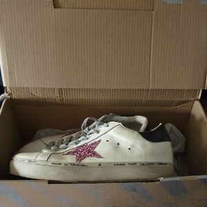 Golden Goose White Sneakers with Black Heel and Pink Star Accent